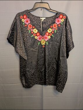 JODIFL Black Leopard V-Neck Top with Pink & Red Floral Embroidery